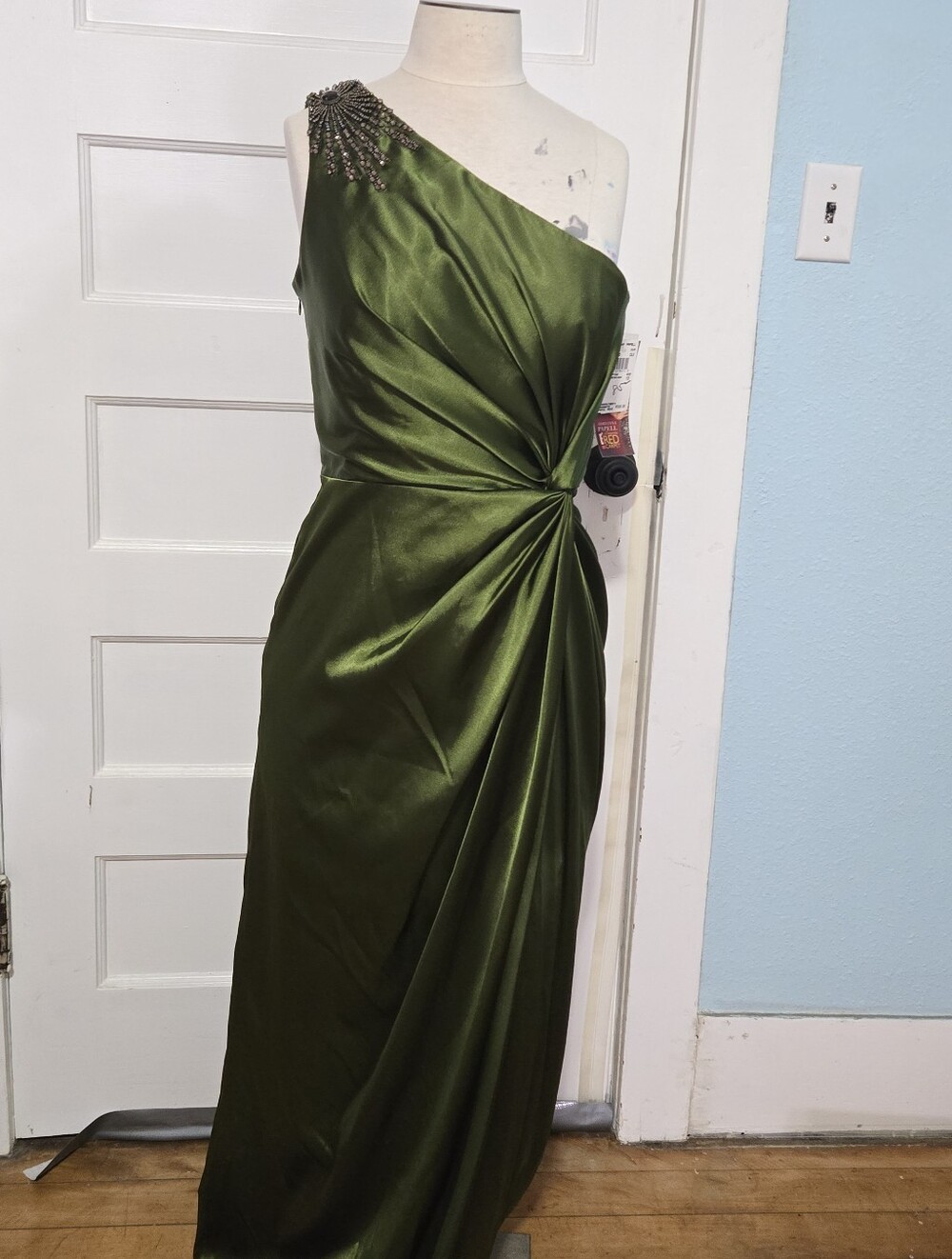 Adrianna Papell One-Shoulder Olive Green Evening Dress with Beaded Shoulder